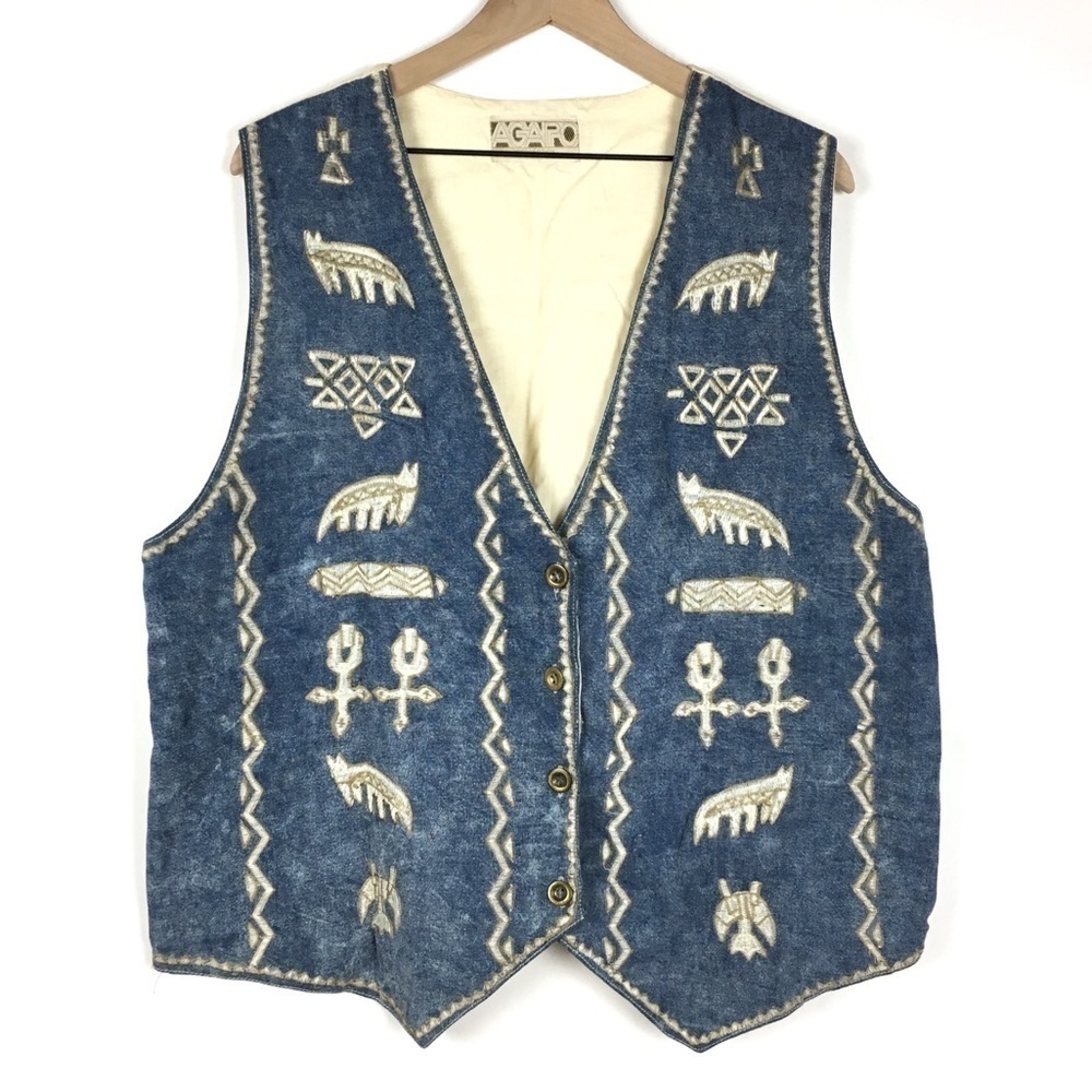 VINTAGE Vest Linen Oversized Boho Southwestern Agapo Collection Aztec Tribal 90s